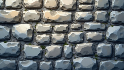 A seamless gray cobblestone wall background texture, perfectly tileable. Realistic, rough-hewn natural stone pattern with irregular rock shapes. Weathered, grungy masonry surface