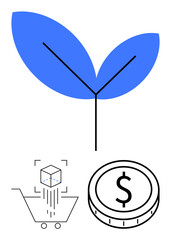 Blue leaves symbolizing nature, shopping cart with cube for digital commerce, and coin with dollar sign. Ideal for sustainability, green economy, e-commerce, eco-finance, innovation, digital trade