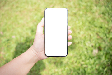 Smart phone mockup. Women hands holding cell telephone blank copy space screen smartphone blank white screen isolated technology concept.