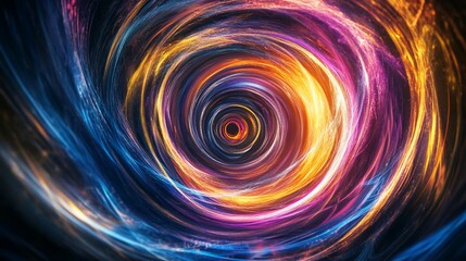 Abstract cosmic vortex with glowing energy trails swirling into a central point