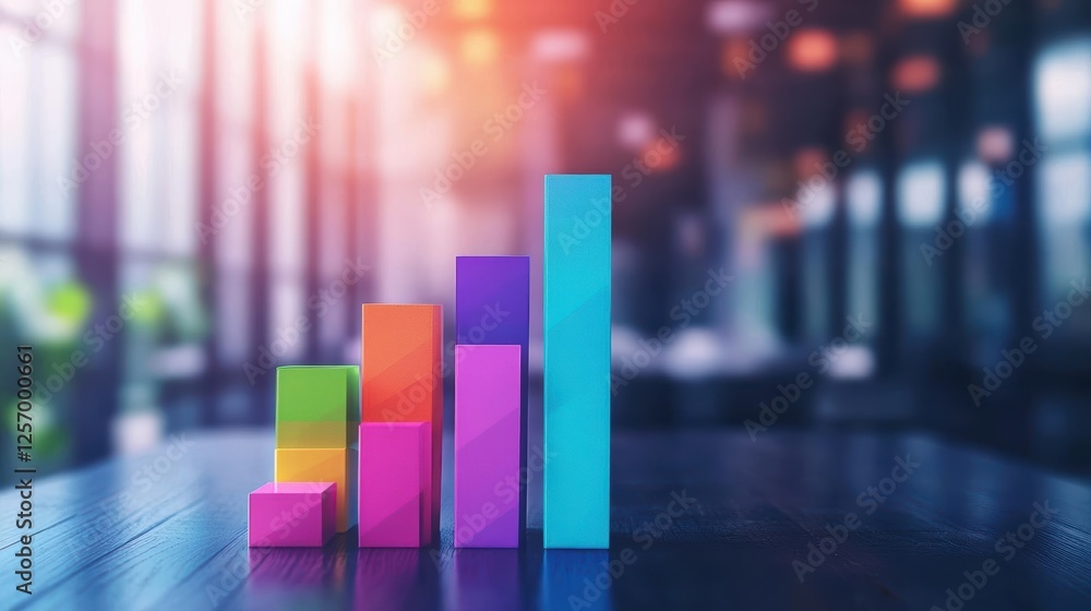 Poster Colorful bar chart on a wooden table displaying statistical data analysis for business performance