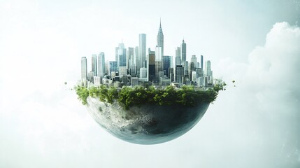 Futuristic city on a newly discovered planet floating on a white background representing the concept of cosmic evolution and humanity's expansion into space