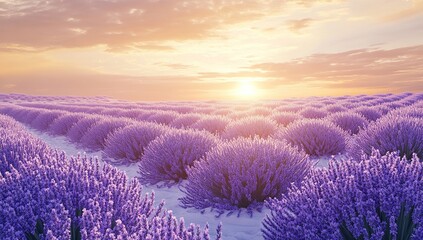 Obraz premium Lavender Fields Bloom at Sunset: Serene Purple Blossoms Basking in Golden Light, Tranquil Nature Scene.