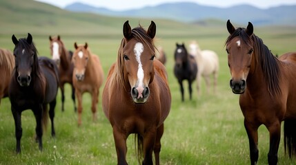 Obraz premium Herd of beautiful horses gathered in a green field showcasing their majestic presence under open skies : Generative AI