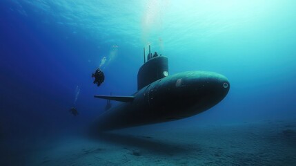 Fototapeta premium Underwater Exploration: Divers and Submarine in the Deep Blue