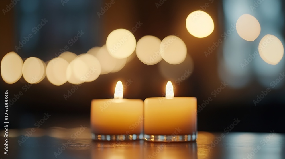 Aufkleber warm ambiance created by two glowing candles with a blurred background of soft lights : generative a