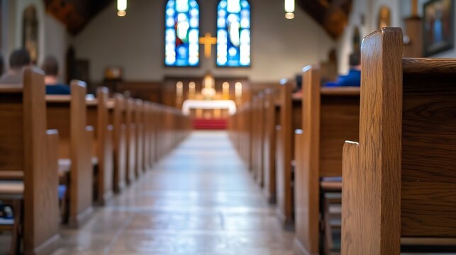 Interior view of a tranquil church with wooden pews and stained glass windows creating a serene atmosphere : Generative AI