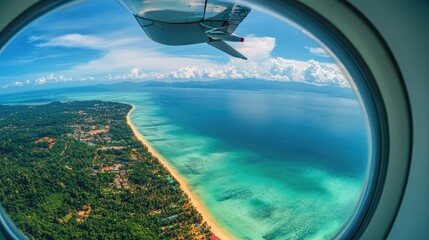 Aerial View of a Tropical Island from an Airplane Window