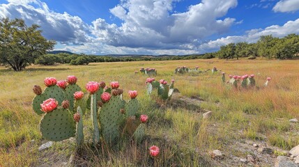 Blooming prickly pear cactus in Texas hill country under dramatic sky