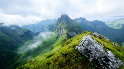 Fototapeta premium Breathtaking view of majestic mountains shrouded in clouds and greenery in a stunning landscape : Generative AI
