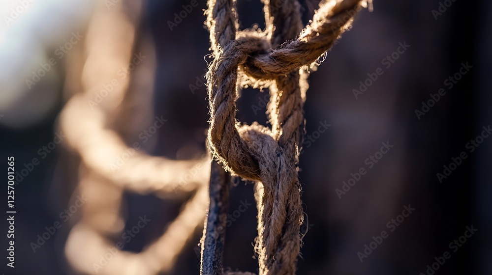 Poster detailed macro shot of a thick rope knot held tightly showcasing craftsmanship and strength : genera