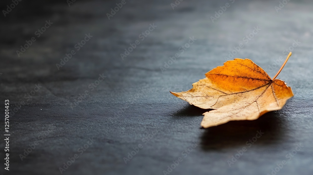 Aufkleber Single dried autumn leaf resting on a dark textured surface creating a moody atmosphere : Generative AI