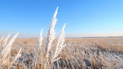 Obraz premium Frosted grass field under clear sky
