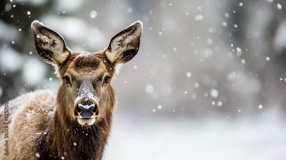 Poster Elegant deer portrait in snowy landscape with soft falling snowflakes creating a serene winter atmosphere : Generative AI