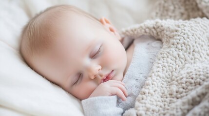 Sweet sleeping baby peacefully nestled in cozy blanket with soft textures creating a warm atmosphere : Generative AI