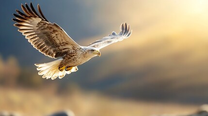 Obraz premium Majestic eagle soaring through golden sky showing powerful wings and grace in natural habitat : Generative AI