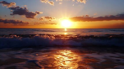 Obraz premium Stunning Beach Sunset View Over Gentle Waves with a Warm Golden Glow on the Horizon : Generative AI