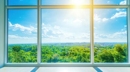 A modern glass window reveals a lush green forest beneath a gentle blue sky. The bright, open apartment interior creates a clean space for adding text.