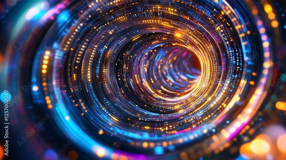 Aufkleber abstract digital tunnel with glowing lights, futuristic circular data flow with bokeh effect