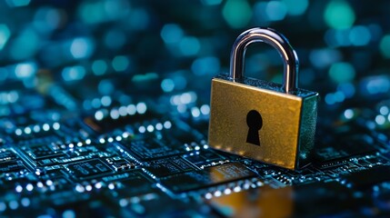 Golden padlock on circuit board representing data security and technological advancements in privacy : Generative AI
