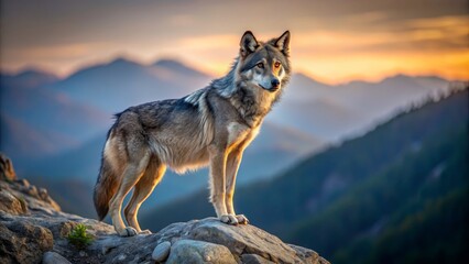 Fototapeta premium Majestic Wolf Standing on Rock at Sunset with Mountain Background