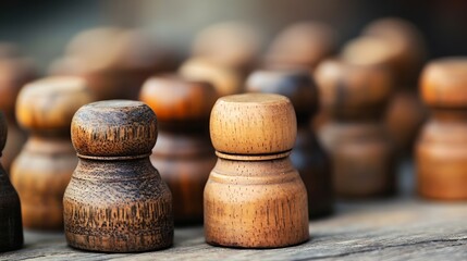 A collection of wooden game pieces displayed prominently representing traditional board games and craftsmanship : Generative AI