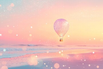 Obraz premium A whimsical illustration of a hot air balloon floating over the beach, with pastel colors and sparkling lights. The background is a soft sky at sunset, creating a dreamy atmosphere.