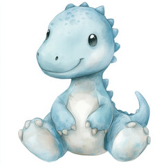watercolor clipart of a cute soft blue baby dino clipart sitting, isolated on solid white, rendered in digital watercolor style 