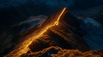 Fototapeta premium Golden mountain ridge path sunrise aerial landscape