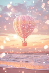 Fototapeta premium A whimsical illustration of a hot air balloon floating over the beach, with pastel colors and sparkling lights. The background is a soft sky at sunset, creating a dreamy atmosphere.