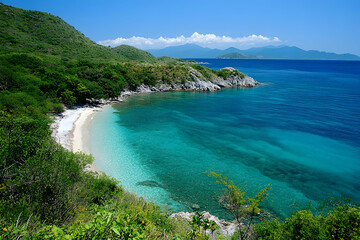 Fototapeta premium A serene view of blue waters and white sandy beaches, framed by lush greenery, with a distant island visible. The tropical scene captures the beauty of the ocean and its peaceful surroundings.