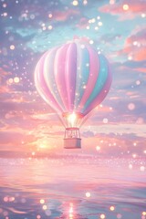 Fototapeta premium A whimsical illustration of a hot air balloon floating over the beach, with pastel colors and sparkling lights. The background is a soft sky at sunset, creating a dreamy atmosphere.