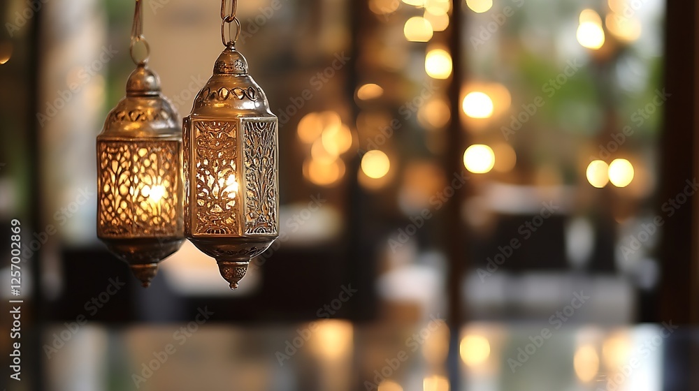 Aufkleber beautiful decorative lanterns hanging in an elegant setting with soft warm lighting : generative ai