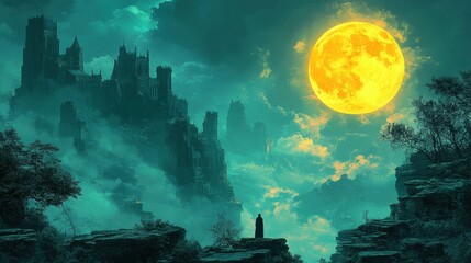 Fototapeta premium Lonely figure gazing at moonlit castle, misty landscape, fantasy art, game design