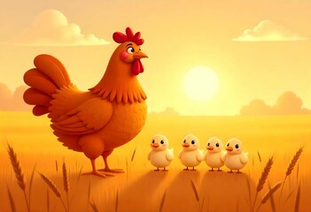 Spring time cartoon Hen background with cheerful cartoon chicken, Hen with a big smile tiny red hat.frosty winter, vibrant garden, Blossoming Flowers, sunset, fild, nature background copy space