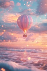 A whimsical illustration of a hot air balloon floating over the beach, with pastel colors and sparkling lights. The background is a soft sky at sunset, creating a dreamy atmosphere.