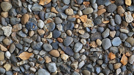 Close-up of a gravel texture with small stones and dried leaves.