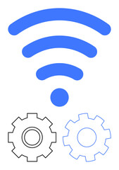 Blue wireless signal icon above two black outlined gears, symbolizing wireless communication, device integration, and system optimization. Ideal for tech, network, IoT, IT systems, automation