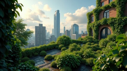 Fototapeta premium Urban rooftop garden with lush green walls, potted plants, and city skyline view 