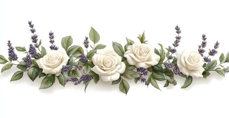 Elegant floral arrangement featuring white roses and lavender on a clean white background