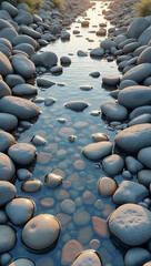 Obraz premium A seamless, tileable riverbed walkway made of smooth, naturally polished pebbles. Worn, water-eroded stones in mixed gray and brown hues. A soft organic pattern with subtle reflections of wet surface