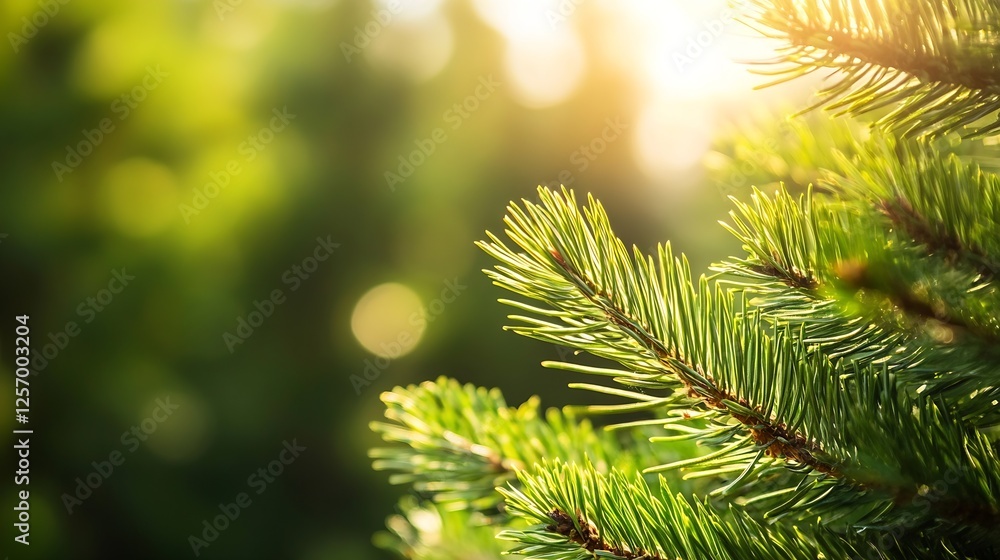 Poster close up view of lush green pine needles glowing in the warm sunlight creating a serene forest atmos