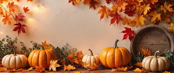 Autumn background with pumpkins and leaves for Thanksgiving day