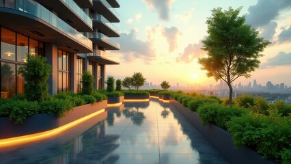 Obraz premium Urban rooftop garden with lush green plants, modern architecture, and city skyline at sunset 