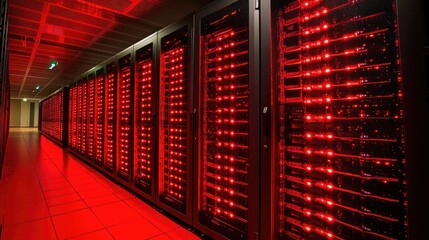 Red Lit Data Center Server Room Corridor