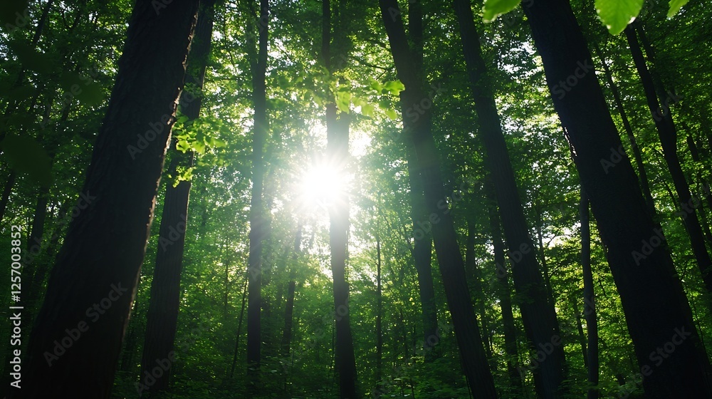 Poster Sunlight streaming through tall trees in a lush green forest creating a serene atmosphere : Generative AI
