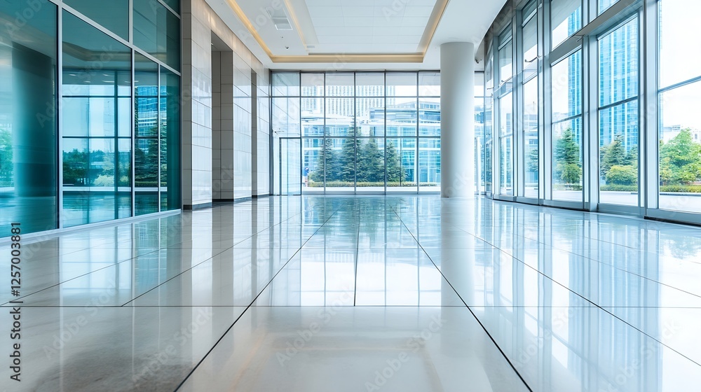 Poster modern clean office lobby with large glass windows reflecting the surrounding urban environment : ge