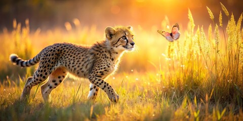 Cheetah Cub Chasing Butterfly in Golden Sunset Landscape