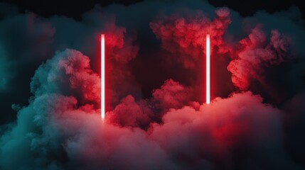 Obraz premium A neon-drenched concert scene with bold red and blue lasers piercing through thick clouds of smoke