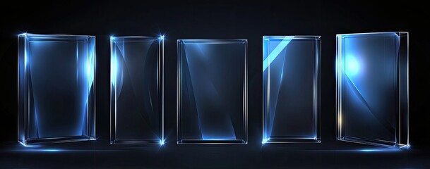 Dynamic, Abstract, Glowing,  Rectangular,  Glass Panels,  Illuminated Frames,  in a Futuristic,  Geometric Arrangement.